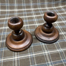 Vintage Pair of Brown Hand-Turned Wooden Wood Candlestick Holders picture