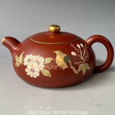 Handmade Yixing Zisha Teapot, Vintage Gilt Cherry Blossom and Bird Half Moon Pot picture