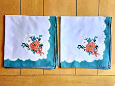 Vintage Cotton Napkins White Mint Green With Peach Flowers 17” Square picture