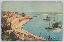 Vintage Malta Grand Harbour City View Warships Postcard Early 1900s English picture