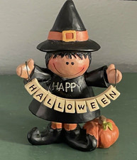 Hand Painted Resin Witch Figurine Holding Happy Halloween Banner w/ Pumpkin picture