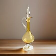 Empoli Art Glass Decanter Pitcher Amber 16” Footed w Stopper Twisted Handle Ewer picture