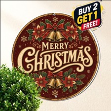 Burgundy Gold Round Metal Plaque Christmas Holiday Greeting Tin Sign Decor picture