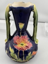 Vintage Austrian Art Nouveau Cobalt Blue Raised Handled Poppy  Vase 5.25
