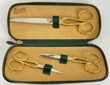 VTG J.A. Henckels Matching Gold Gilt Handled Scissors Case Solingen Germany RARE picture