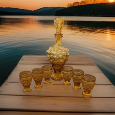 MCM Amber Glass Exquisite Grape/Bubble Decanter, Stopper, 6 Cordial/shot Glasses picture