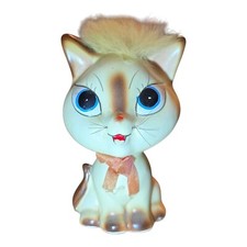 Vtg Parma by AAI Big Eyed Ceramic MCM Kitten Cat Figurine Made in Japan Fur Bow picture
