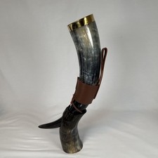 Fenrir Viking Drinking Horn w/ Stand Leather Strap & Pouch Norse Mead Cup picture