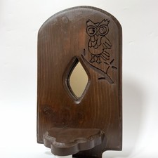Vintage 70s Hand Carved Wood Owl Wall Shelf Mirror MCM Boho Trinket Ledge picture