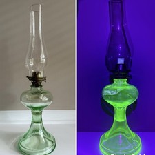 Antique Uranium Glass Oil Lamp W/Miller Lip Burner 1800’s picture