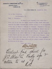 1911 Signed Letterhead Juniata Limestone Carlim Cove Forge PA Alfred Slater picture