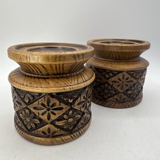 2 Vtg Mid Century MCM Ceramic Faux Carved Wood Brown Candle Holders 1970s Boho picture