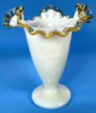 Vintage Fenton Milk Glass Vase Gold Crested Crimped Edge Art Glass 6.5
