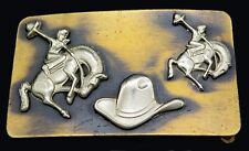 Western Cowboy Bronco Horses Hat Old Style Back Vintage Antique Belt Buckle picture