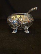 Vintage Silver Overlay Floral Pattern Clear Glass Salsa Condiment Bowl & Ladle picture