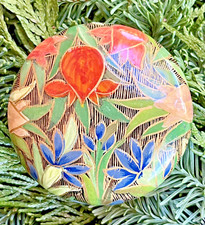 VTG Hand Painted Kashmir Black Gold Orange Purple Floral Paperweight Signed picture