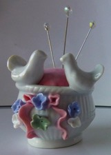 Vintage Porcelain Pincushion Pair of White Doves & Flowers Birds picture