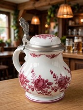 Vtg Salzburger Zinnstube Stein - White Red Rose Floral - Pewter Lid Austria picture