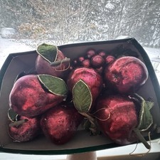 VTG Burgundy Fruit Ornaments Distressed W/Leaves Twigs Gold Trims Christmas X12 picture