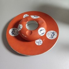 Vintage Meito China Japan Red Blue White Medallion 2 Piece Ashtray Set Gold Trim picture