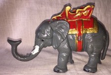 Vintage Mechanical Cast Iron Elephant Bank Howdah Saddle Spring Loaded picture