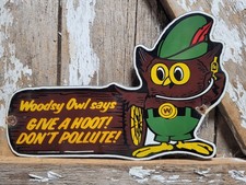 VINTAGE WOODSY OWL PORCELAIN SIGN OLD FOREST SERVICE PARK SMOKEY DONT POLLUTE picture
