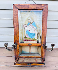 ANTIQUE 1900s CATHOLIC SHADOW BOX LAST RITES ALTER SICK CALL W CANDLE STICKS picture