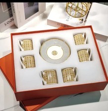 Hermes Mosaique au 24 Platinum 6 Cups Espresso 100ml Gold Porcelain Saucer Set 6 picture