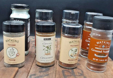Vintage 8 WATKINS Gourmet Spices Black Lid Glass Jar Bottles Nutmeg ginger Bay picture