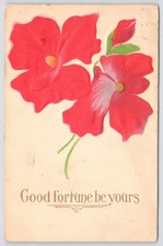 1909 Embossed Red Flowers Good Fortune Postcard Macedon NY Postmark Vintage picture