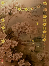 Hold-to-Light Easter~Scene~Flowers~Antique 1906~Novelty HTL Postcard -s892 picture
