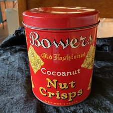 1950s Vintage Bowers Old Fashioned Cocoanut Nut Crisps Tin Advertising picture