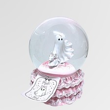 Mystic Blush Pink Ghost and Dog Halloween Decor Snow Globe Ruffle Lace Base New picture