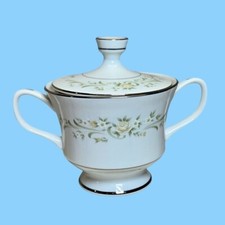Sango China Debutant Sugar Bowl & lid Set Japan 3688 beige Rose Silver lined vtg picture