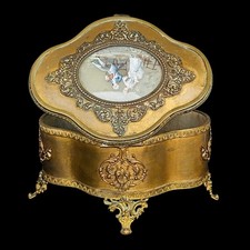 Antique French Napoleon III Bronze Doré Jewelry Casket Box Cherub Miniature picture