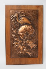 Vintage Hand Wrought Copper Regal Ibis Wall Plaque Wood Framed Signed Margo MCM picture