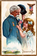 Decoration Day Postcard Little Girl Giving Pink Rose to Soldier Missing Arm picture