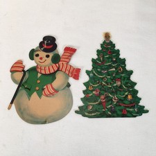 Vintage 1930s Dennison USA Diecut Christmas Snowman & Christmas Tree Wall Decor picture