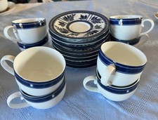 8 Vtg DANSK CEYLON DARK BLUE LEAVES RIM/WHITE TEA CUPS & SAUCERS PORTUGAL China picture