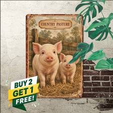 Two Cute Piglets Barn Scene Distressed Vintage Border Farmhouse Metal Sign Decor picture