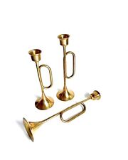 Vintage Brass Trumpet / Horn /Bugle Candlestick Holders Set of 3 picture