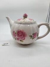 Vtg Gibson Roseland Teapot Round Cabbage Roses Pink Ceramic Tea Pot White Perky picture