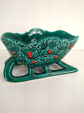 Ceramic Green Holly Berry Christmas Sleigh Dish Planter Vintage 3.5 x 6 picture
