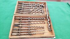 ANTIQUE SET OF 15 AUGER BITS FOR BRACE/HAND DRILL IN AN ANTIQUE WOODEN BOX picture