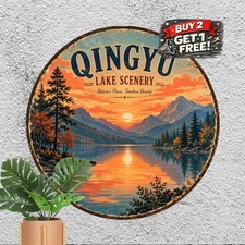 Peaceful Mountain Lake Landscape Tin Sign Round Nature Travel Metal Plaque picture