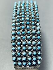 ONE OF MOST INTRICATE HAND CUT TURQUOISE VINTAGE ZUNI STERLING SILVER BRACELET picture