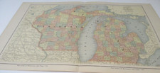 1885 WATSON'S ANTIQUE MAP  OFWISCONSIN AND MICHIGAN  22 X 14.5 DOUBLE PAGE picture