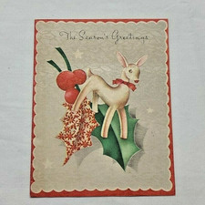 Vintage Christmas Card 1940s 1950s Parchment Reindeer Holly Berry Decoration Red picture