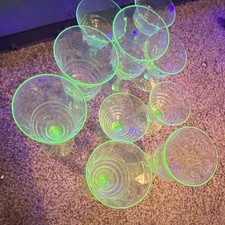 Uranium glass Drinkware Set, UV Reactive, Clear & Green, 10 some some chips  picture