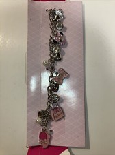 Vintage Disney Minnie Mouse Pink Bow Hearts Charm Bracelet Anklet Silver Tone 7